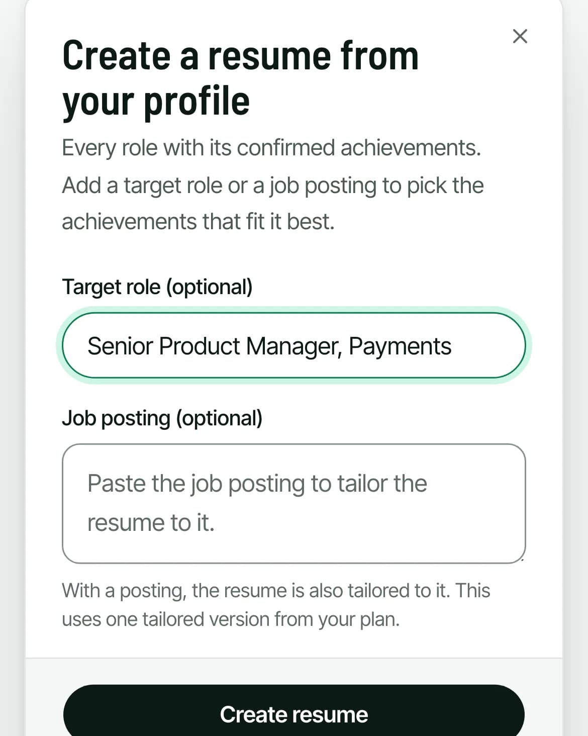 The Create a resume from your profile dialog with a target role filled in and an optional job posting field