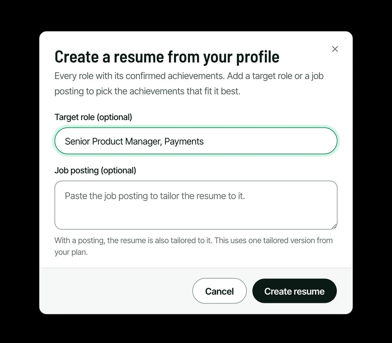 The Create a resume from your profile dialog with a target role filled in and an optional job posting field
