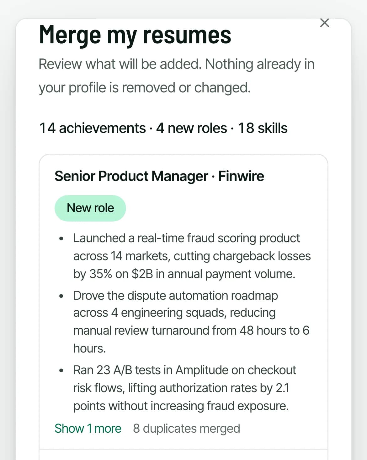 The Merge my resumes preview: 14 achievements and 4 new roles, with duplicates merged for each role