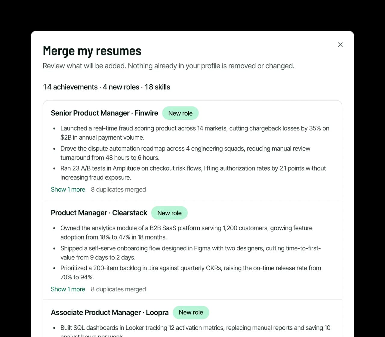The Merge my resumes preview: 14 achievements and 4 new roles, with duplicates merged for each role
