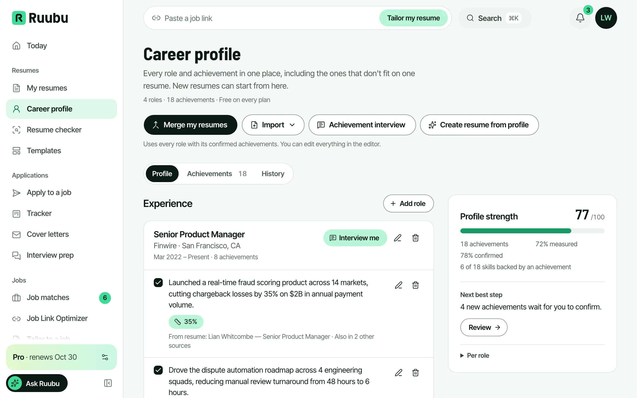 A Career Profile in Ruubu: four roles with their achievements, a profile strength of 80 out of 100 and the next best step