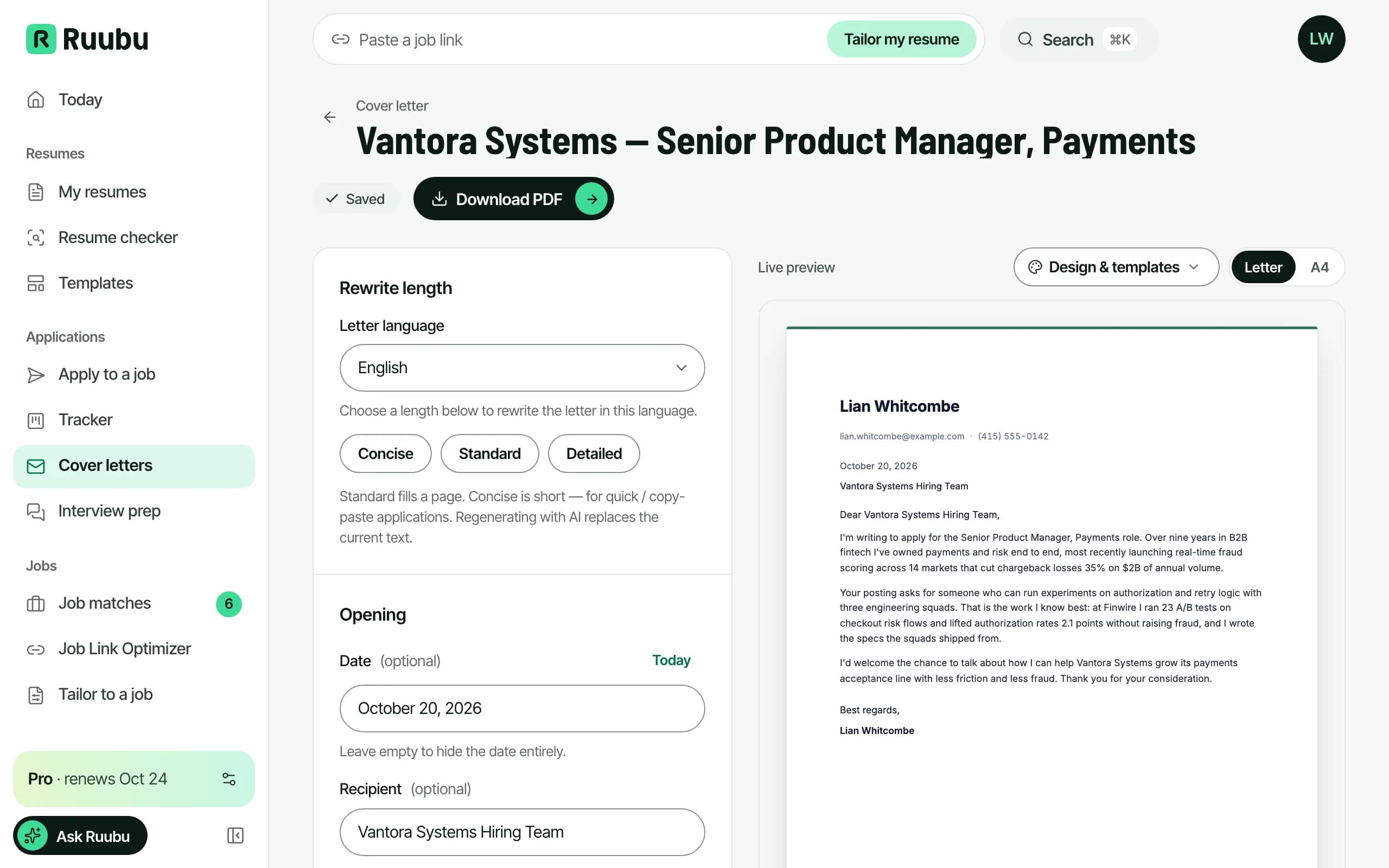 A tailored cover letter drafted from a resume and aligned to a job posting, open in the live editor