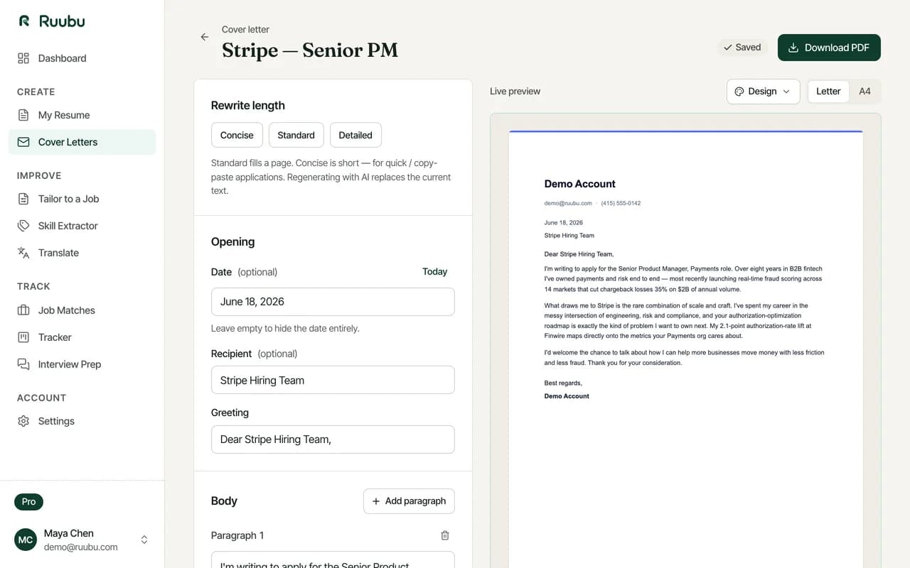 Una carta de presentación adaptada, redactada a partir de un CV y alineada con una oferta de empleo, abierta en el editor en directo