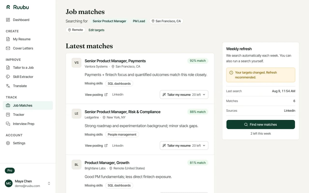 Ruubu-Liste passender Stellen mit Match-Prozenten, fehlenden Kenntnissen und einer Aktion zum Anpassen des Lebenslaufs