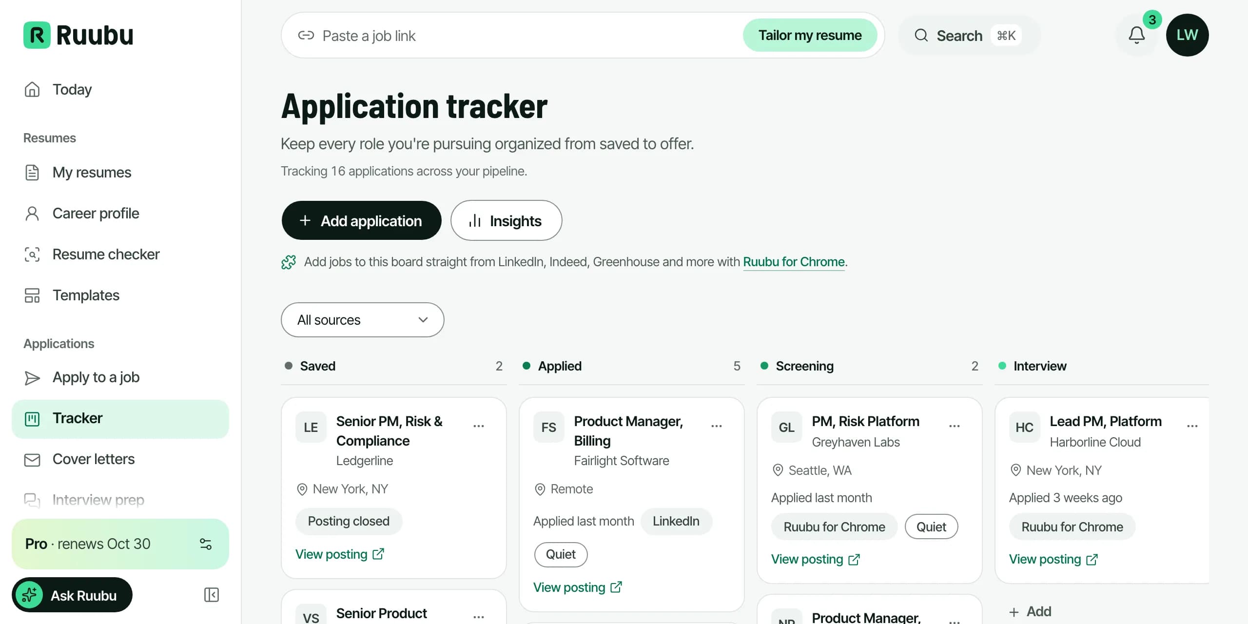 The Ruubu application tracker with Saved, Applied, Screening and Interview lanes, source badges and a Quiet badge
