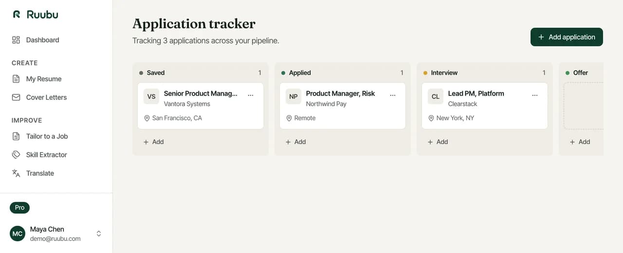 Der Bewerbungs-Tracker mit den Spalten gemerkt, beworben, Vorstellungsgespräch und Angebot für Stellen einer Jobsuche