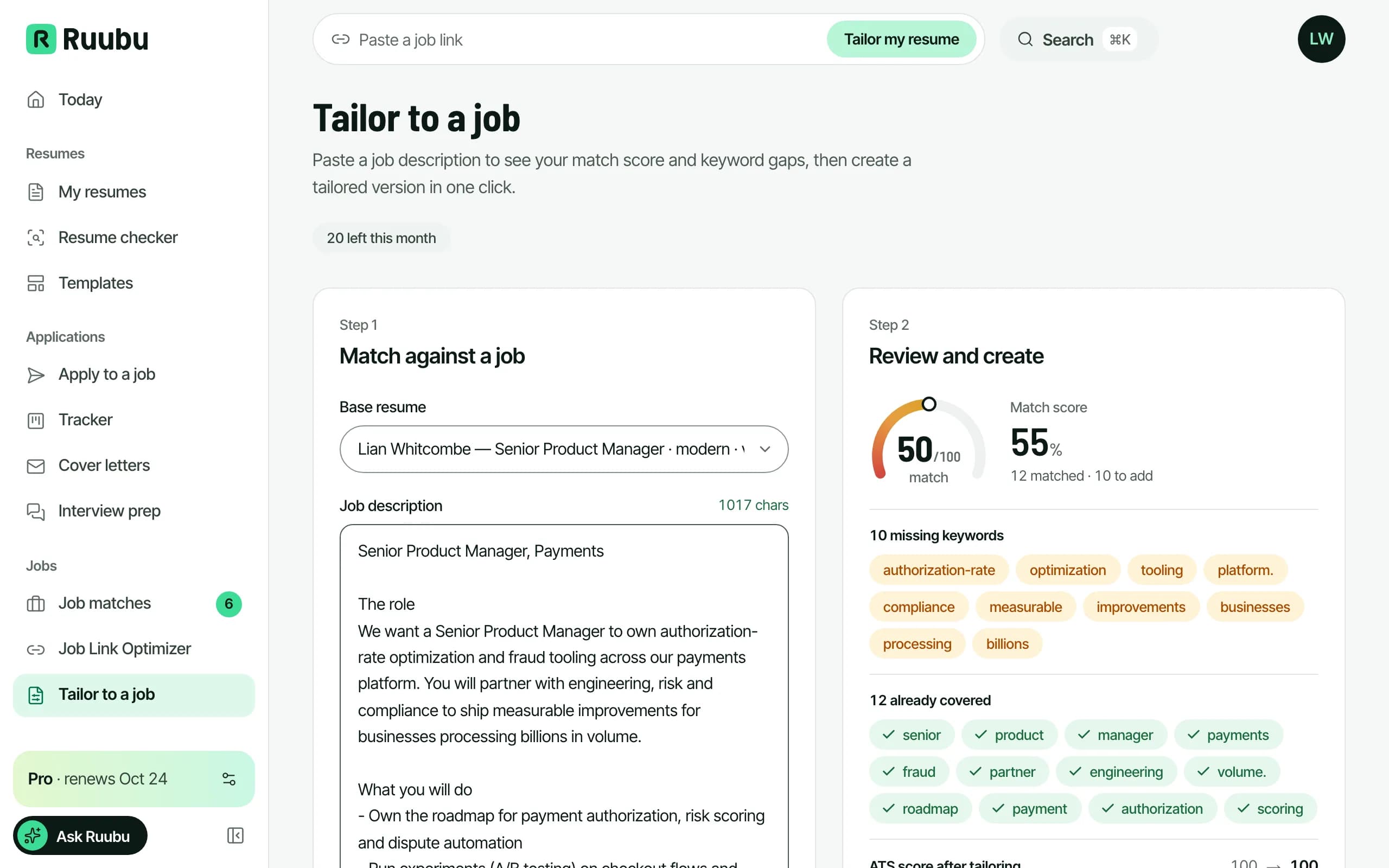 A job posting beside a resume tailored to it, with matched keywords highlighted and a higher ATS match score