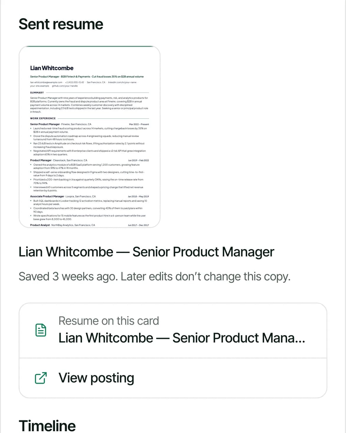 A card's detail with the sent resume, the resume on the card and a timeline of stage changes with an Undo button