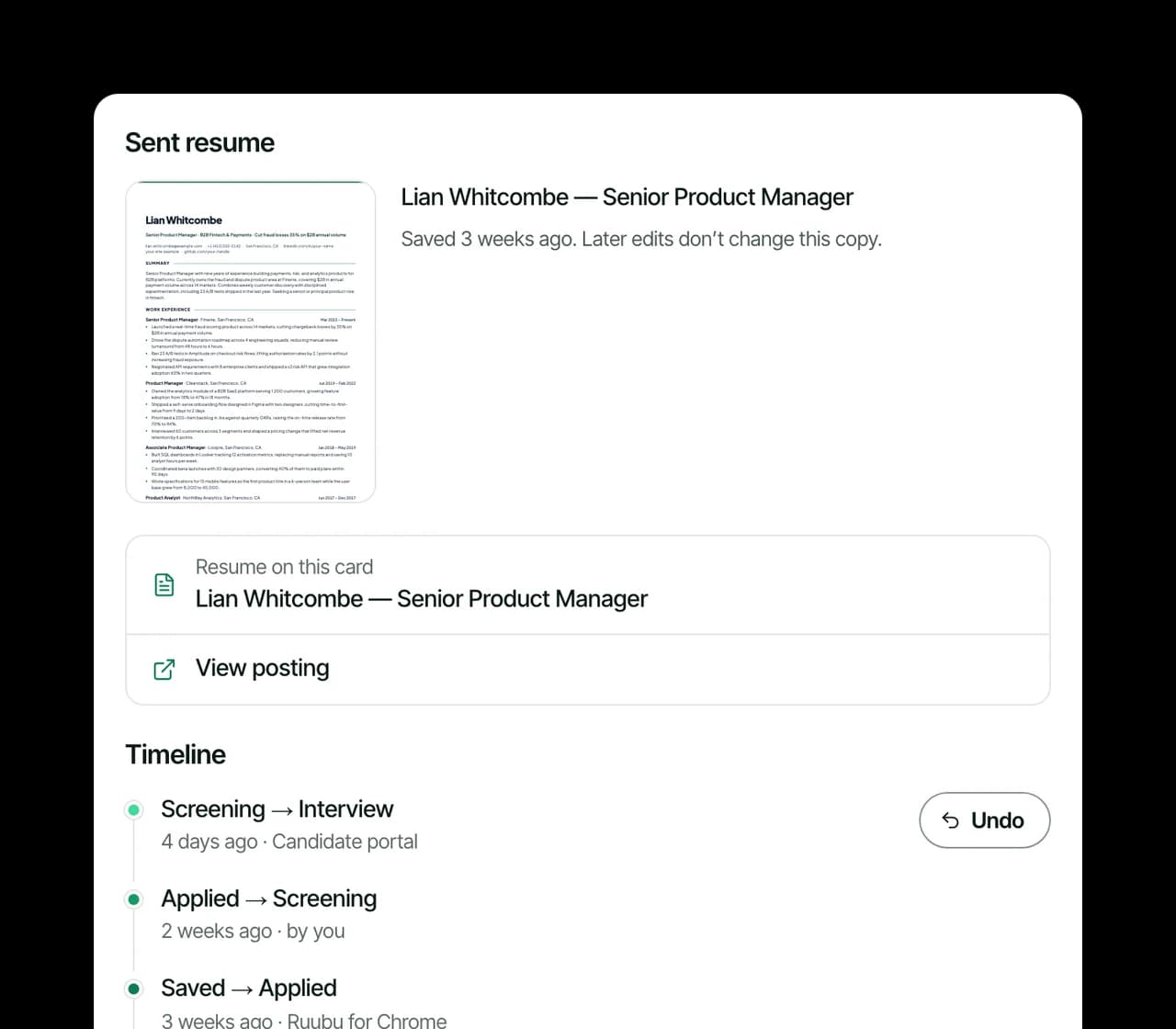 A card's detail with the sent resume, the resume on the card and a timeline of stage changes with an Undo button