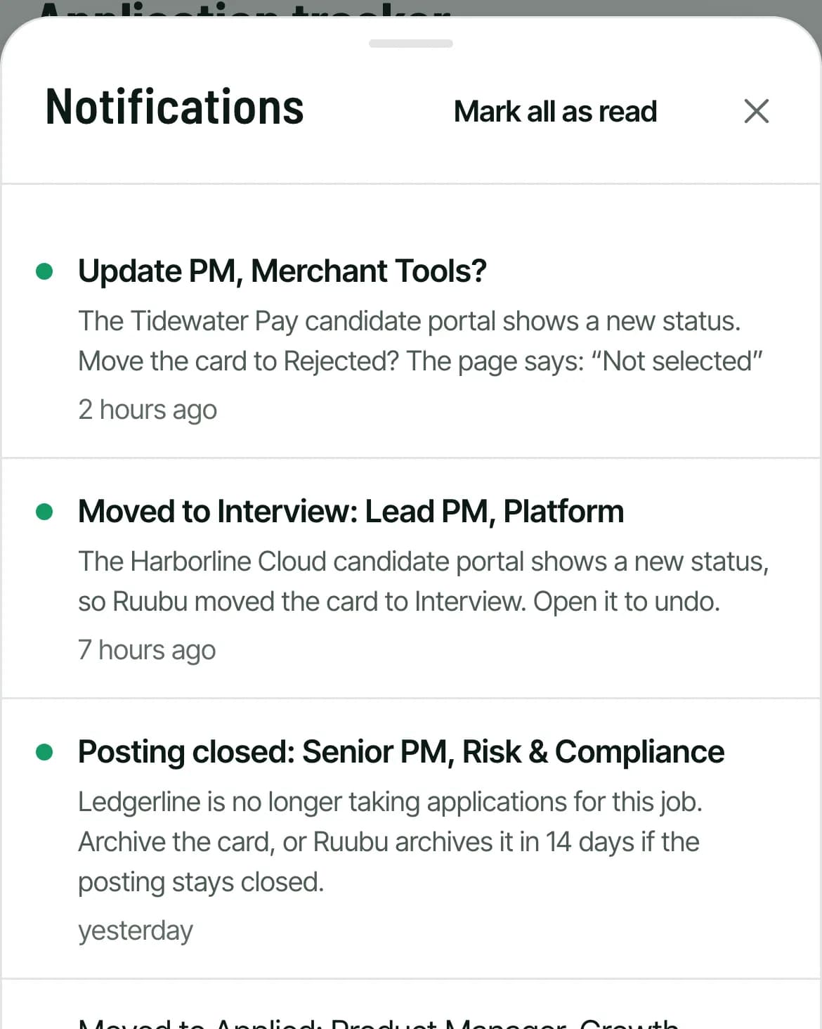 The notification list: a portal status waiting for a decision, a card moved to Interview, a closed posting and a card moved to Applied