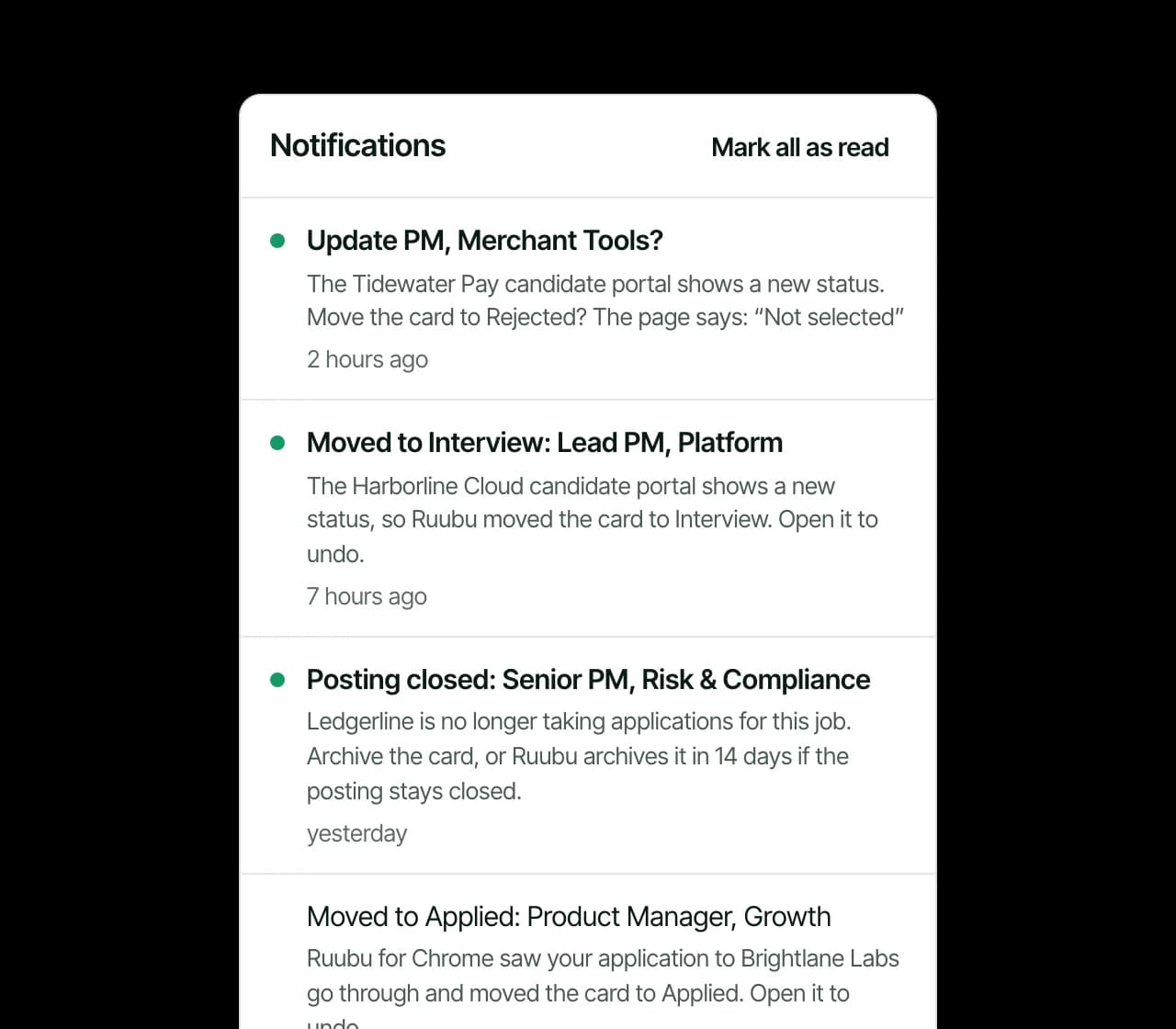 The notification list: a portal status waiting for a decision, a card moved to Interview, a closed posting and a card moved to Applied