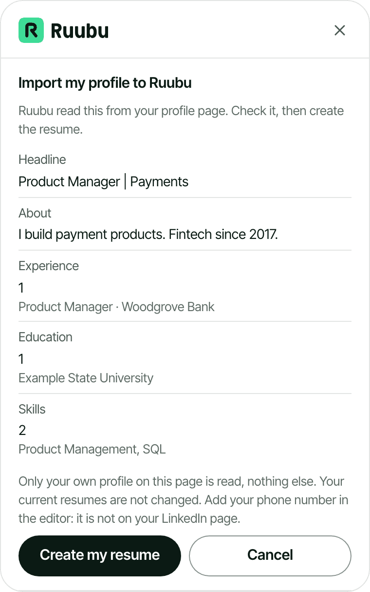 Ejemplo: la vista previa de la importación de un perfil de LinkedIn, con las secciones que Ruubu leyó antes de crear el CV