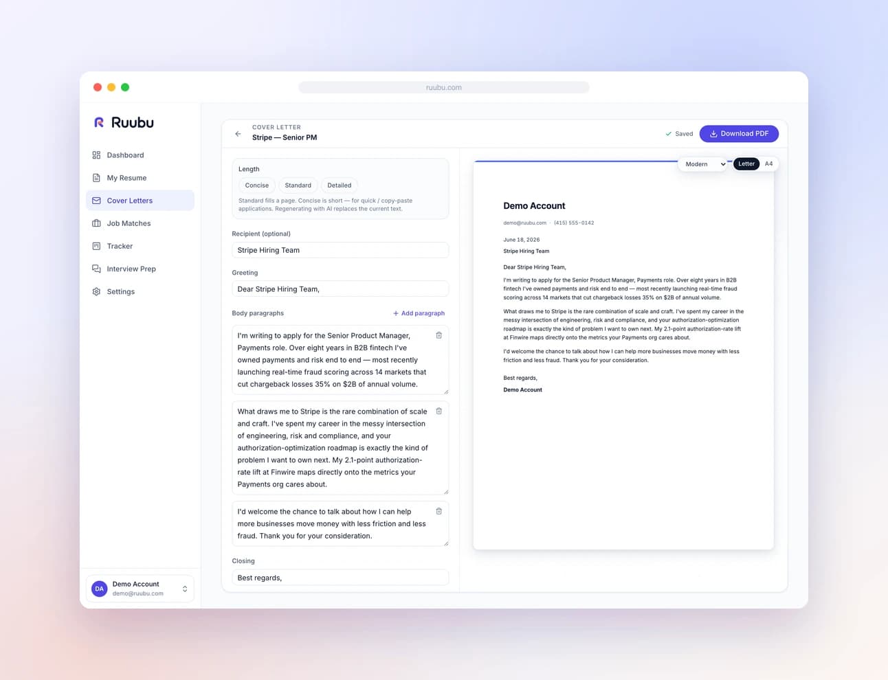 A tailored cover letter drafted from a resume and aligned to a job posting, open in the live editor