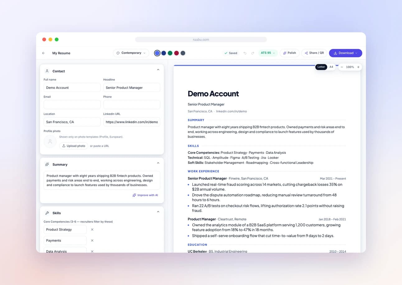 Resume editor showing a before-and-after polish with sharper bullets and a rising ATS score