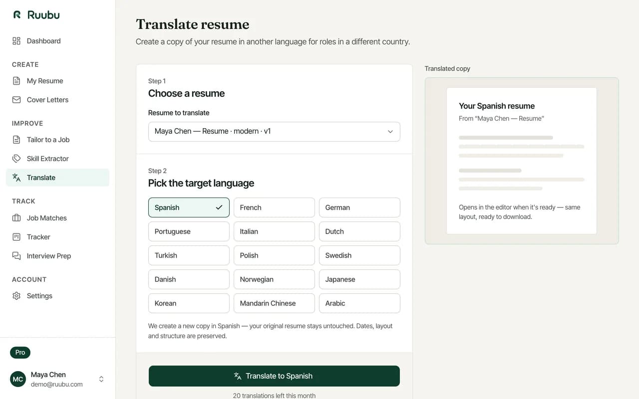 Ein in die Sprache eines anderen Marktes übersetzter Lebenslauf mit erhaltener Formatierung und lokalisierten Formulierungen