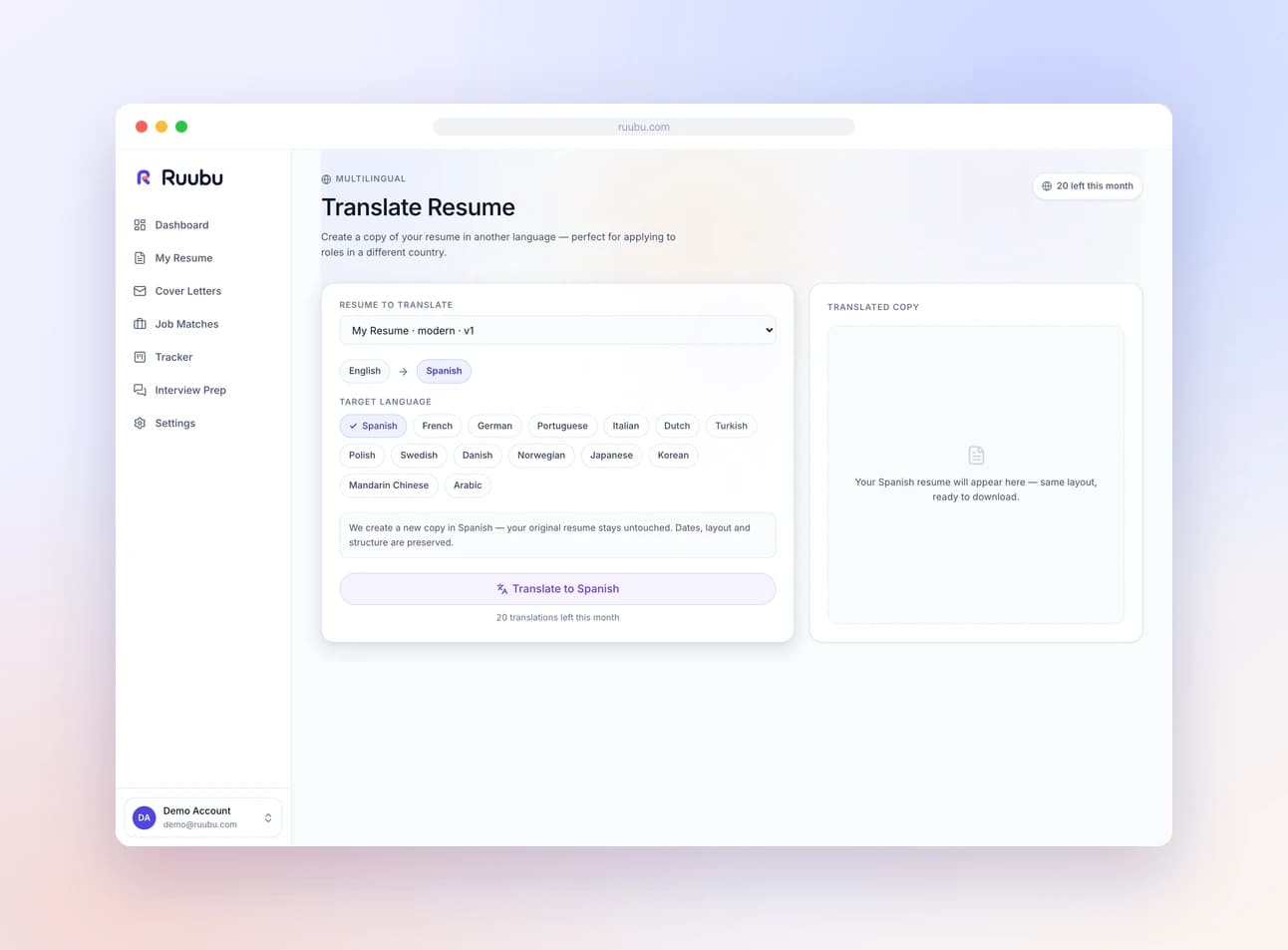 A resume translated into another market's language with formatting kept intact and localized phrasing