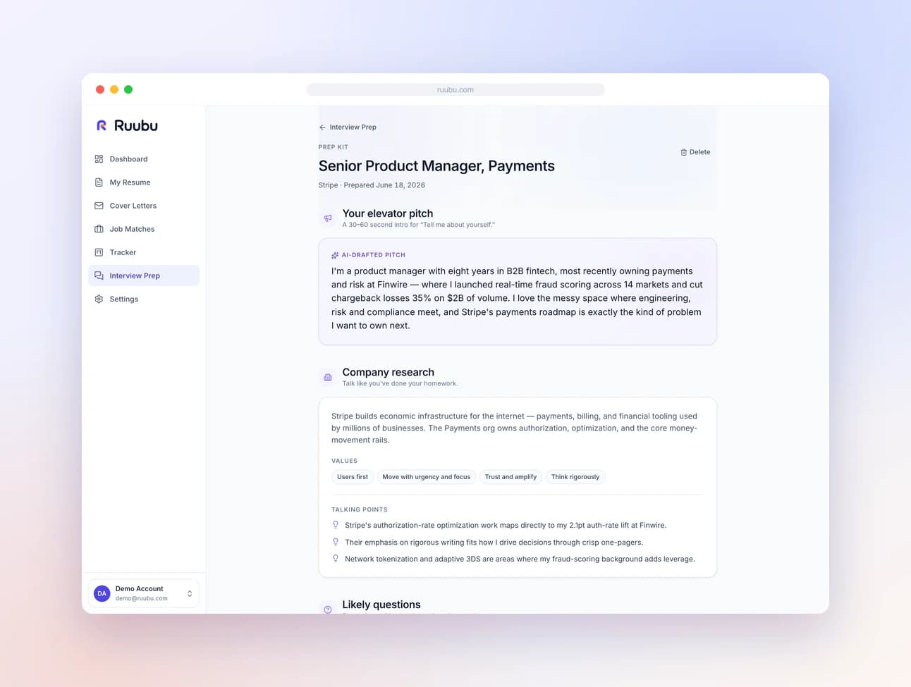 An AI-built interview prep kit: pitch, likely questions, and company research
