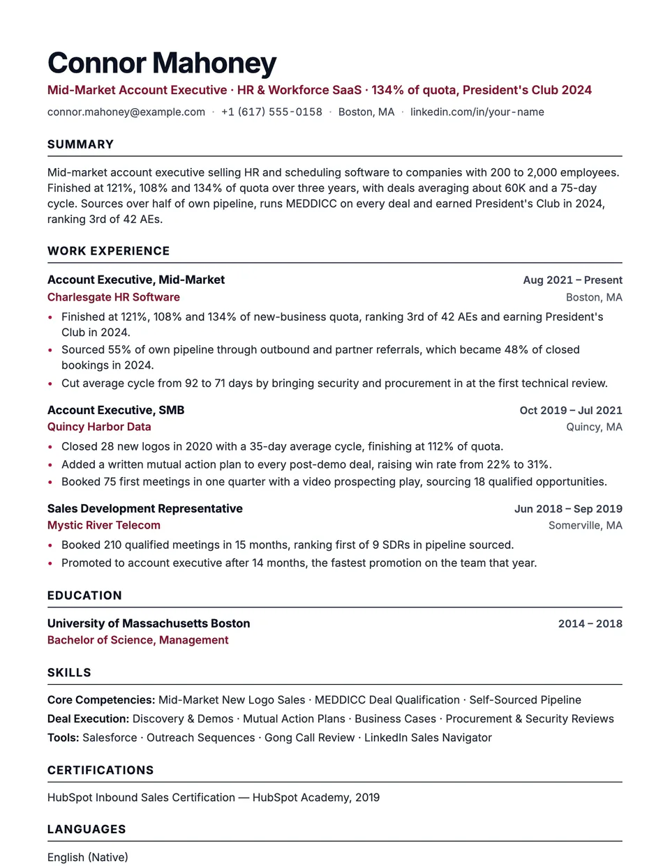 Account Executive sample resume in the Beacon template