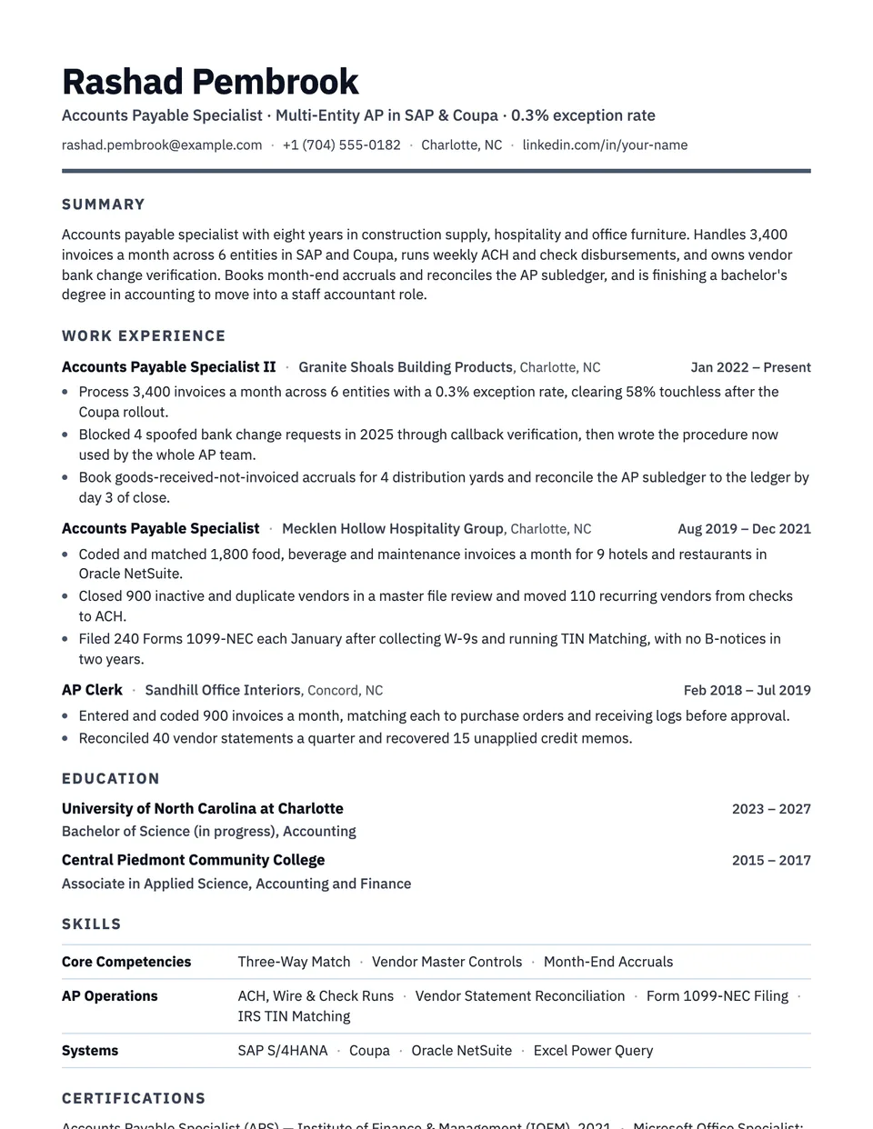 Accounts Payable Specialist sample resume in the Strata template