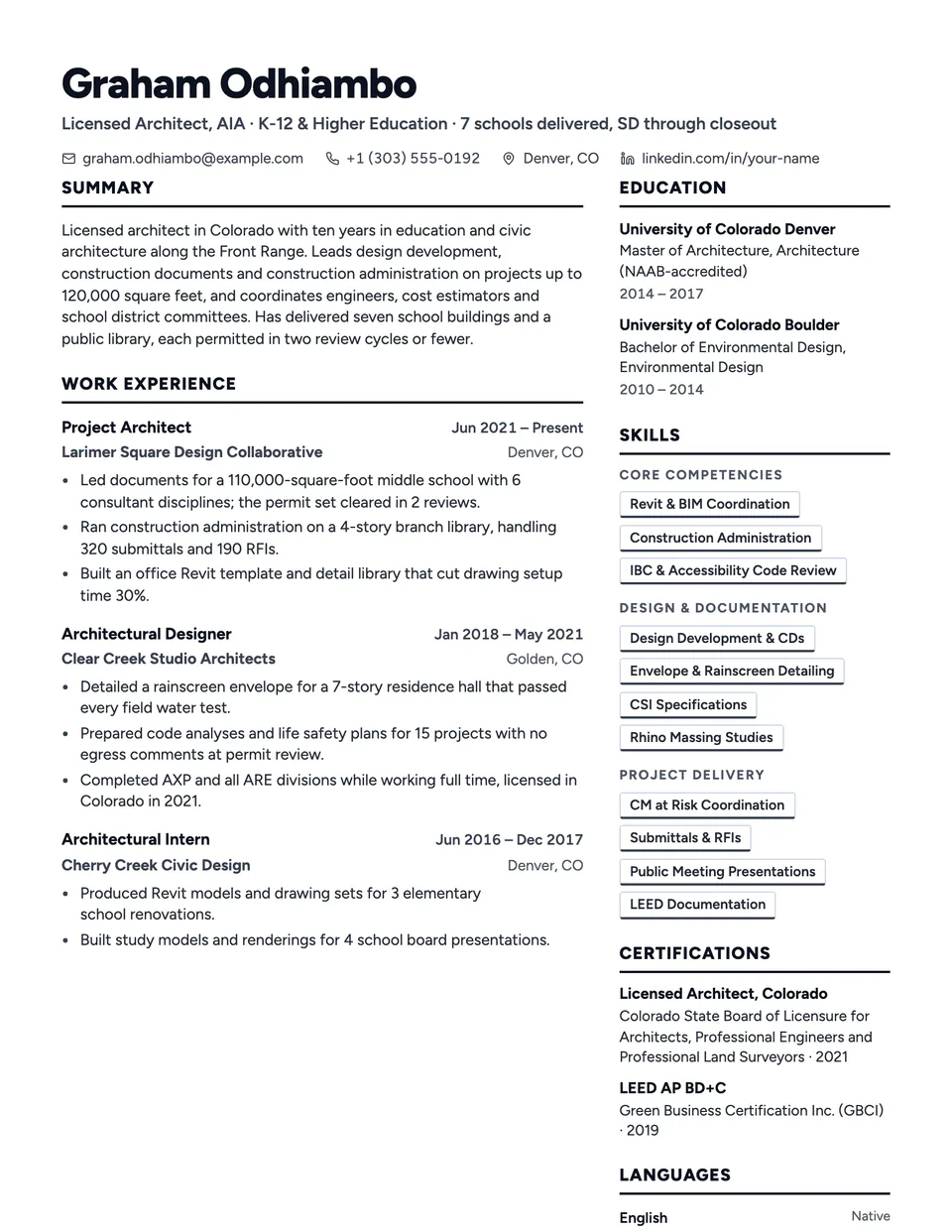 Architect sample resume in the Atrium template