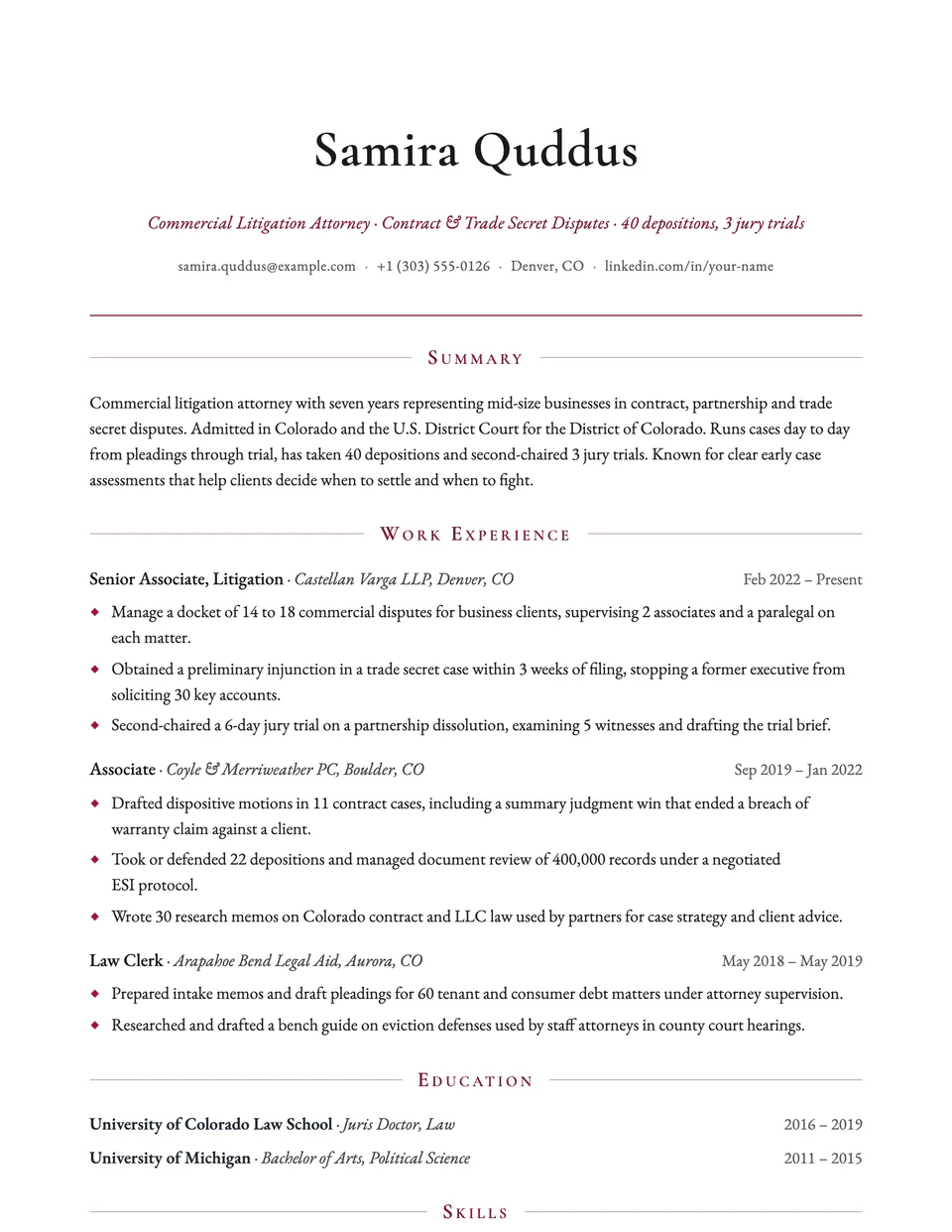 Attorney sample resume in the Regent template