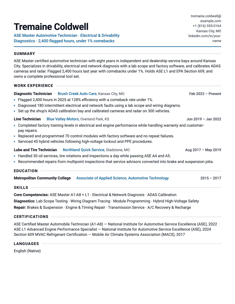 Automotive Technician sample resume in the Tempo template