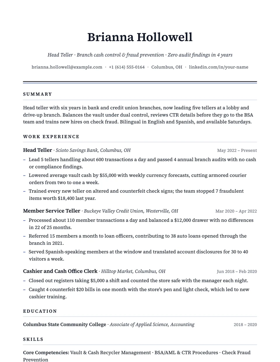 Bank Teller sample resume in the Executive template