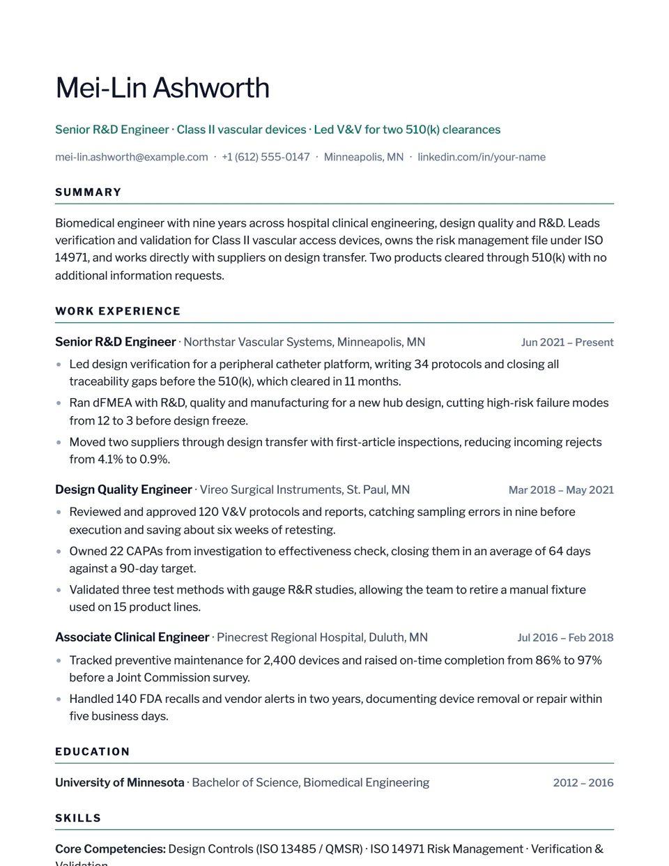 Biomedical Engineer sample resume in the Sleek template
