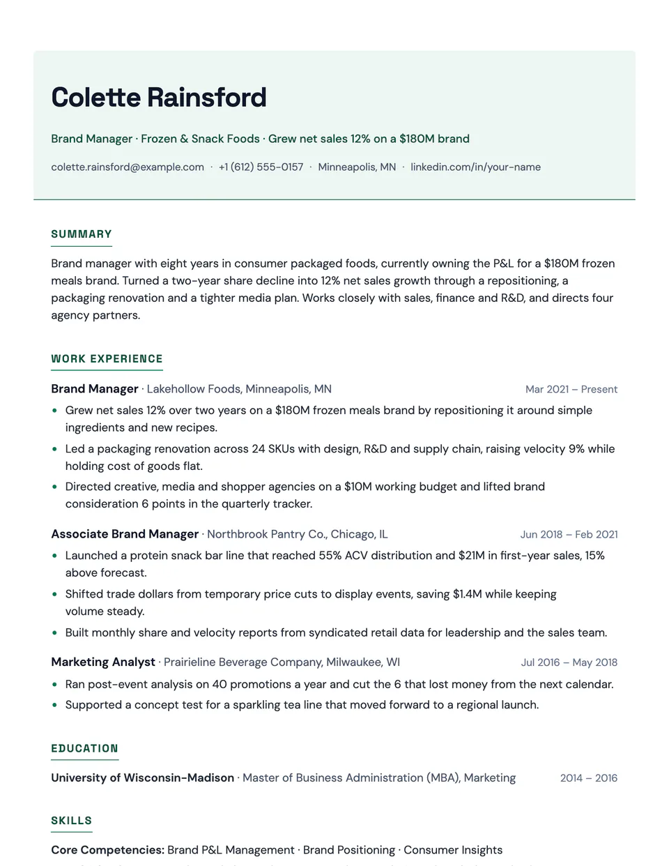 Brand Manager sample resume in the Creative template
