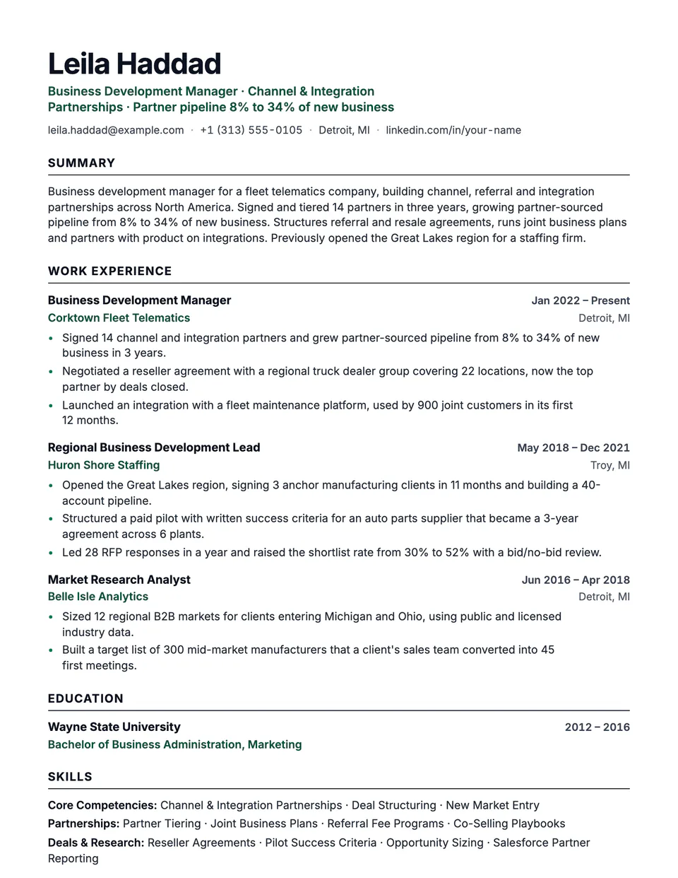 Business Development Manager sample resume in the Beacon template