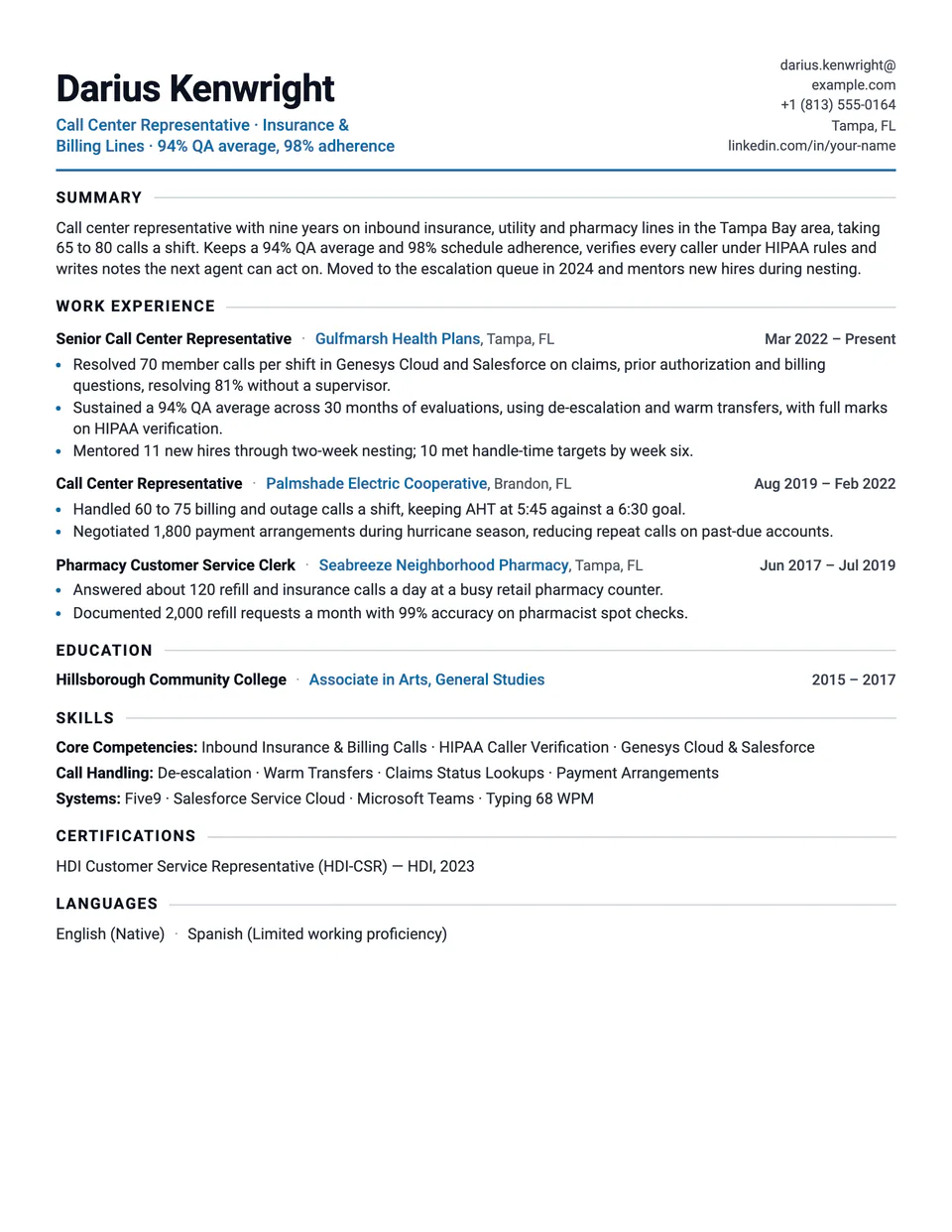 Call Center Representative sample resume in the Tempo template