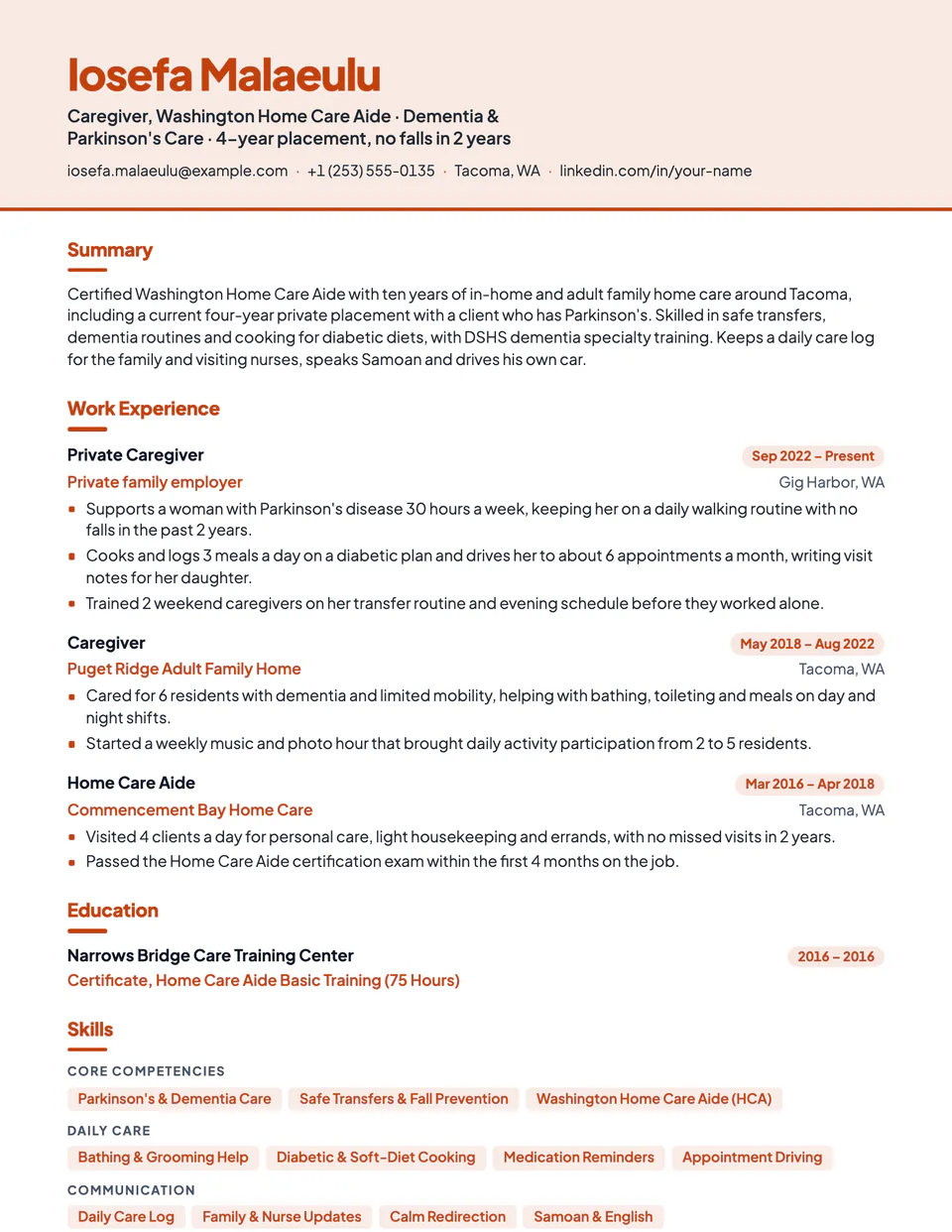 Caregiver sample resume in the Canopy template