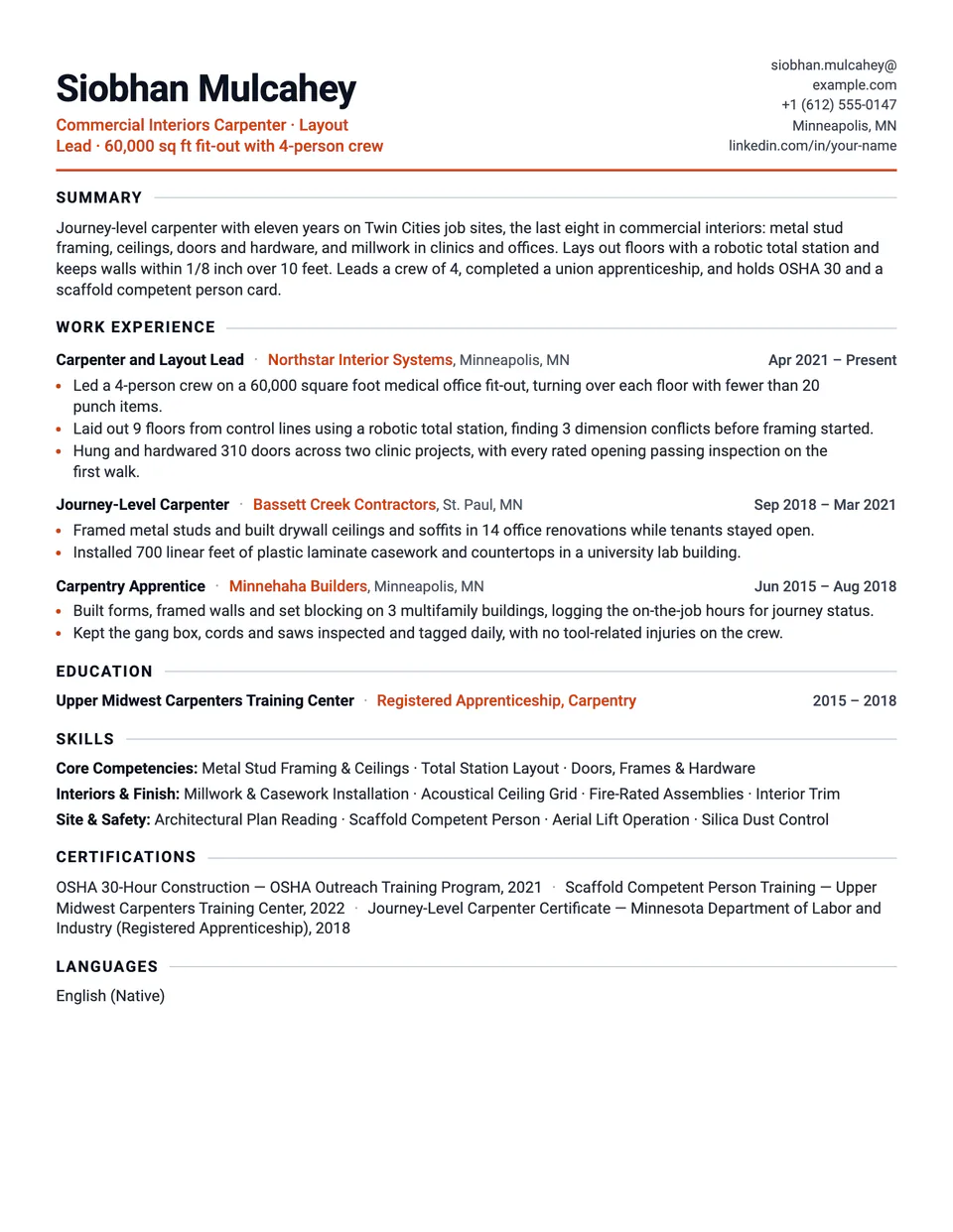 Carpenter sample resume in the Tempo template