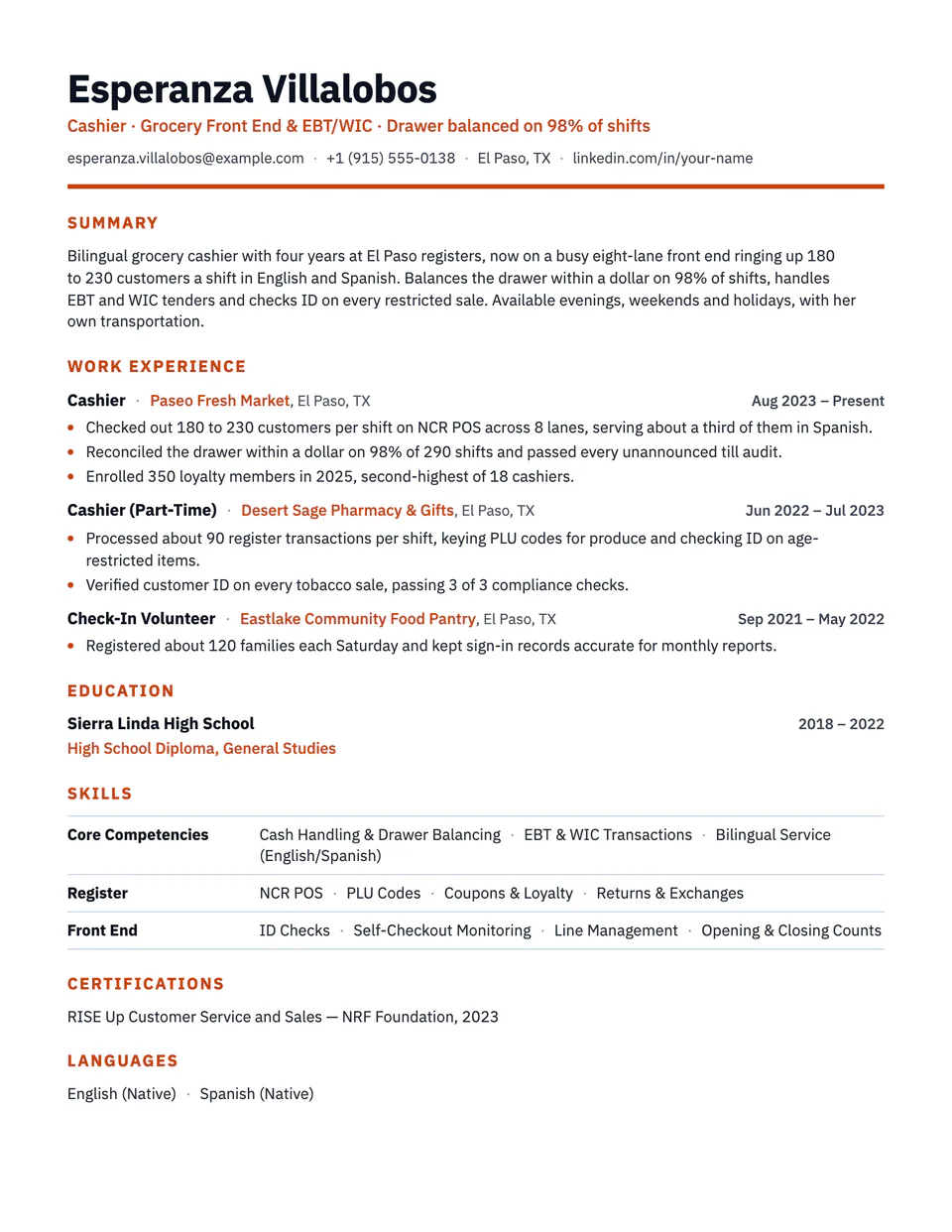Cashier sample resume in the Strata template