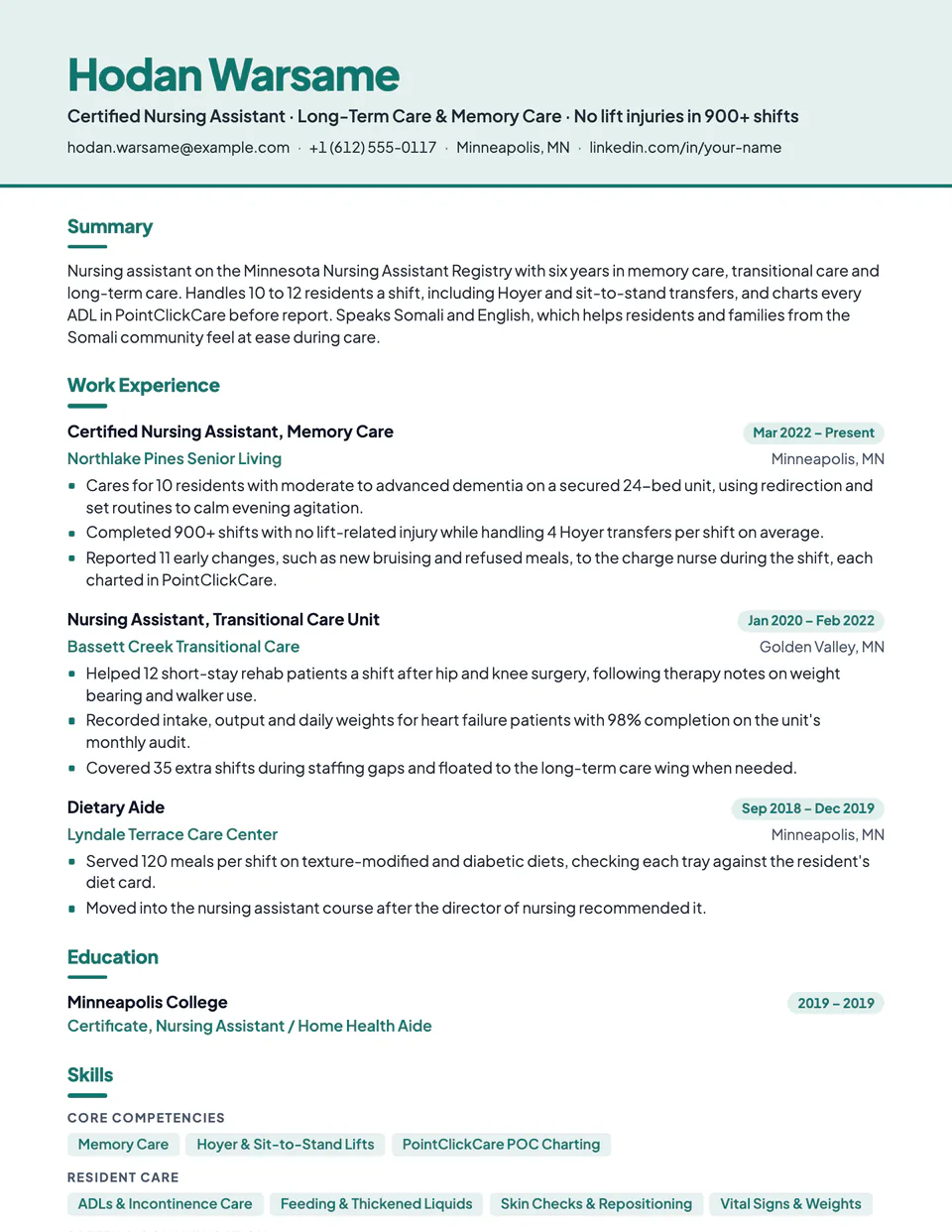 Certified Nursing Assistant sample resume in the Canopy template