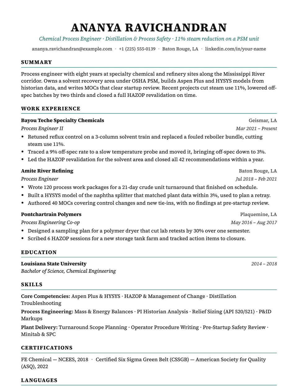 Chemical Engineer sample resume in the Charter template
