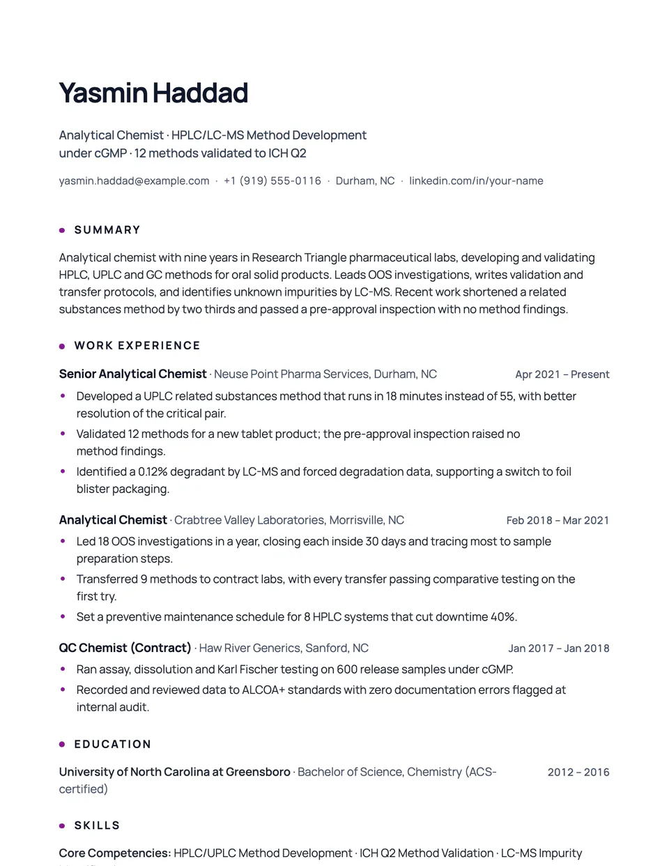 Chemist sample resume in the Nimbus template