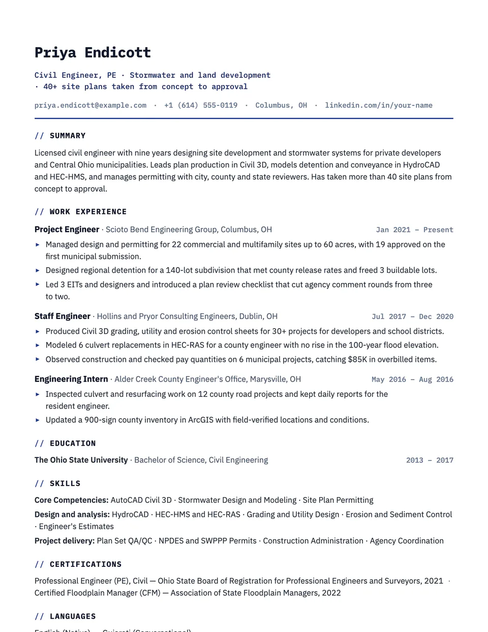 Civil Engineer sample resume in the Technical template