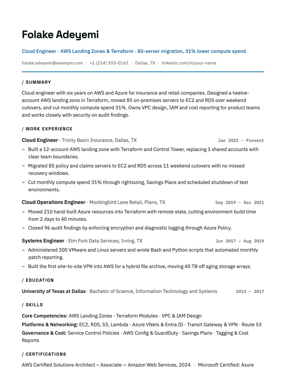 Cloud Engineer sample resume in the Axiom template