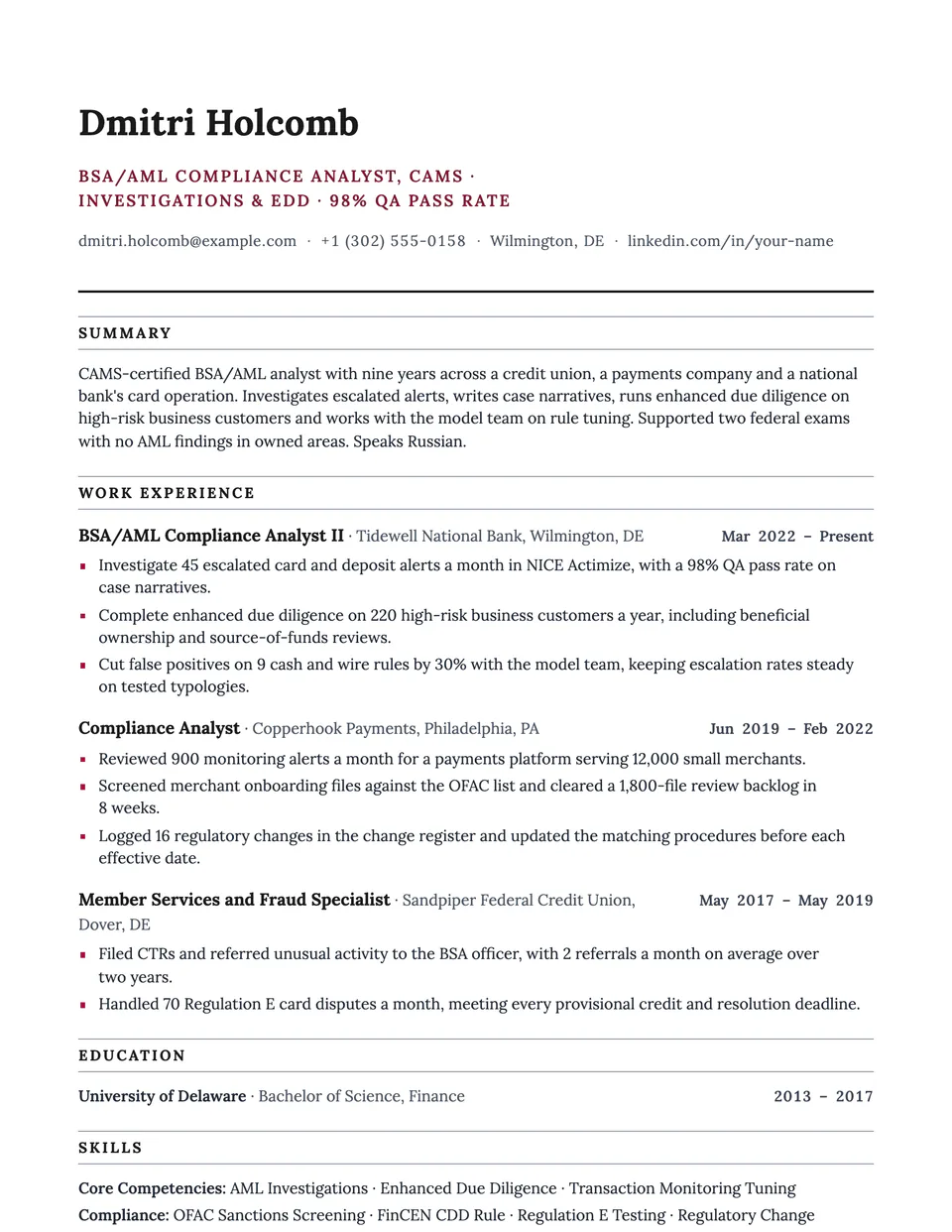 Compliance Analyst sample resume in the Ledger template