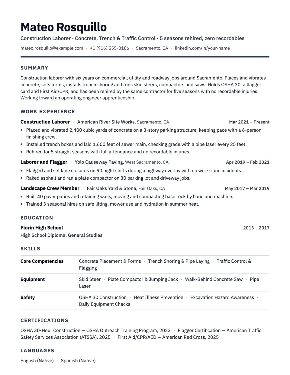 Construction Laborer sample resume in the Strata template