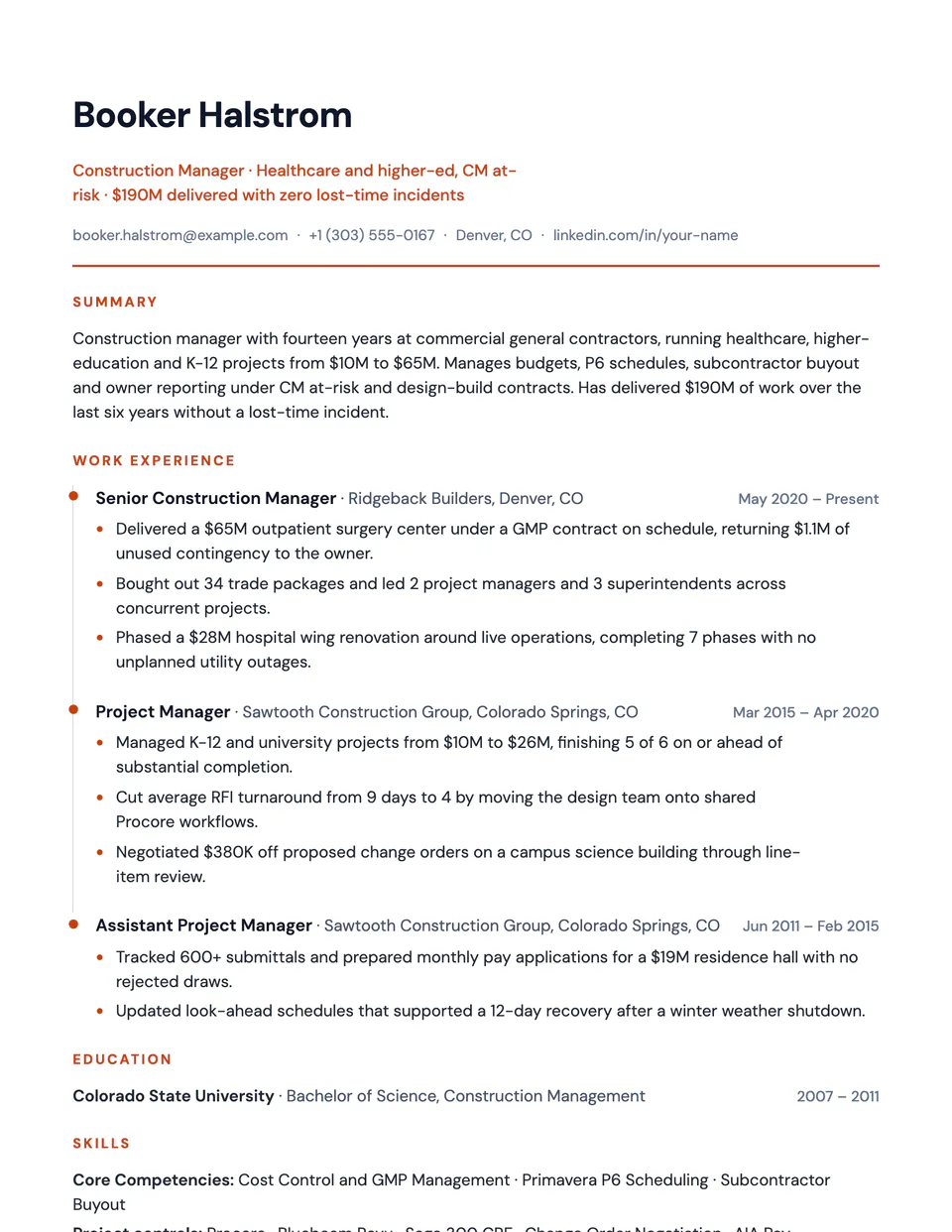Construction Manager sample resume in the Timeline template