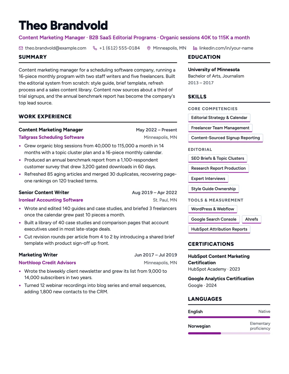 Content Marketing Manager sample resume in the Atrium template