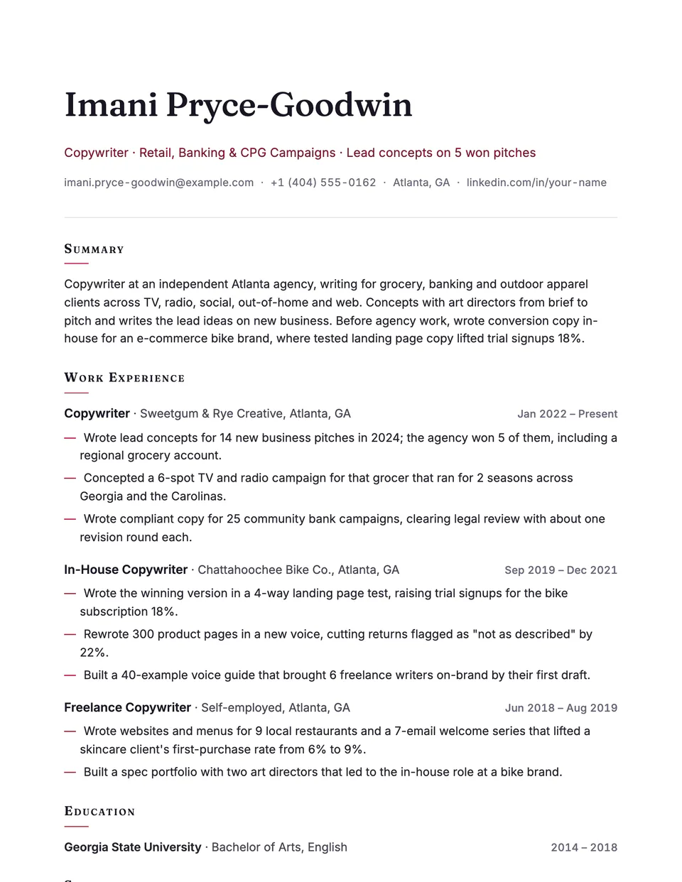 Copywriter sample resume in the Vellum template