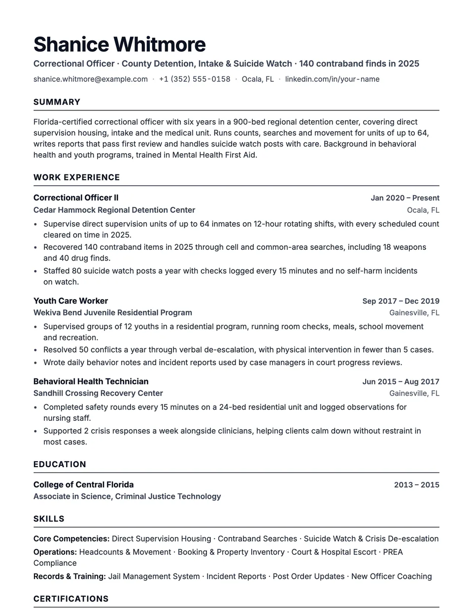 Correctional Officer sample resume in the Beacon template