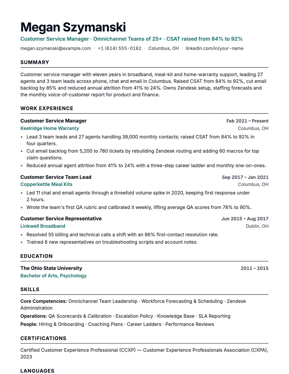 Customer Service Manager sample resume in the Beacon template