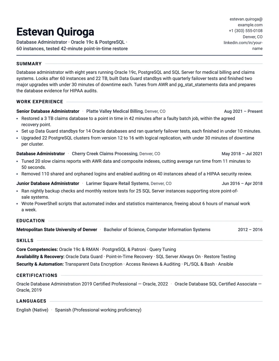 Database Administrator sample resume in the Tempo template