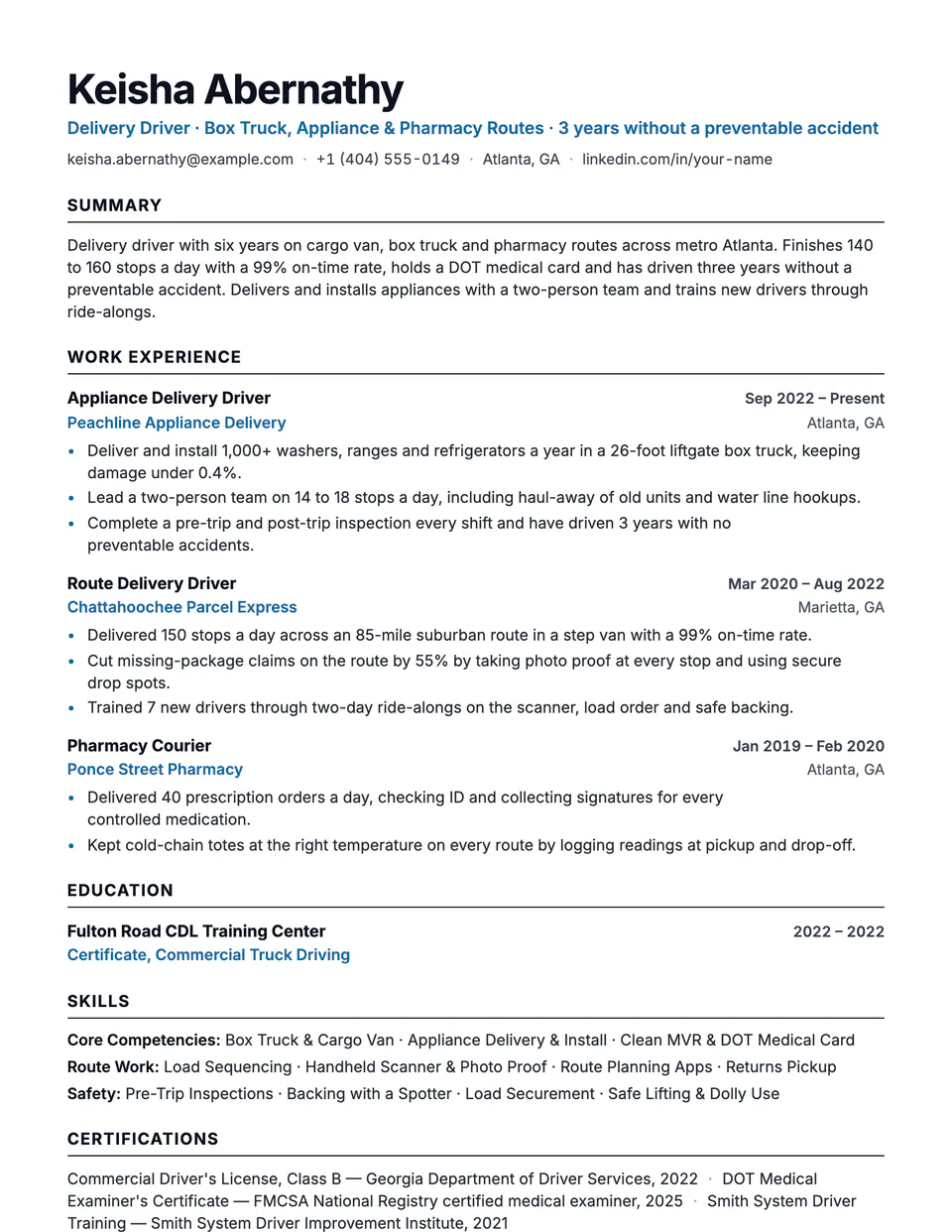 Delivery Driver sample resume in the Beacon template