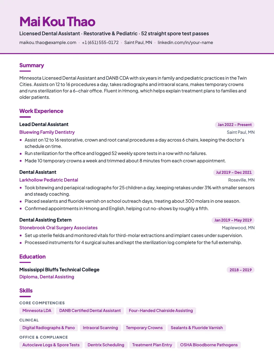 Dental Assistant sample resume in the Canopy template