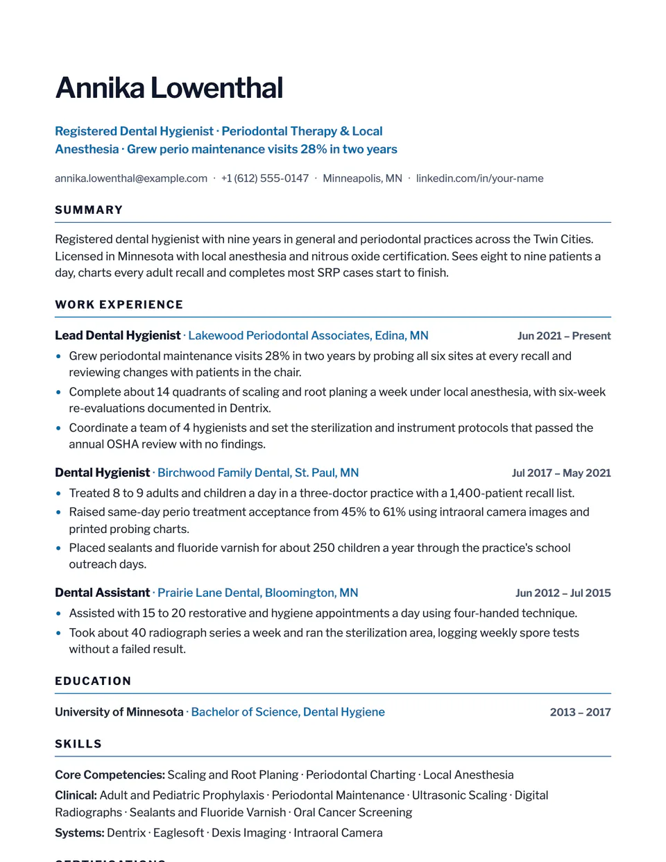Dental Hygienist sample resume in the Sleek template